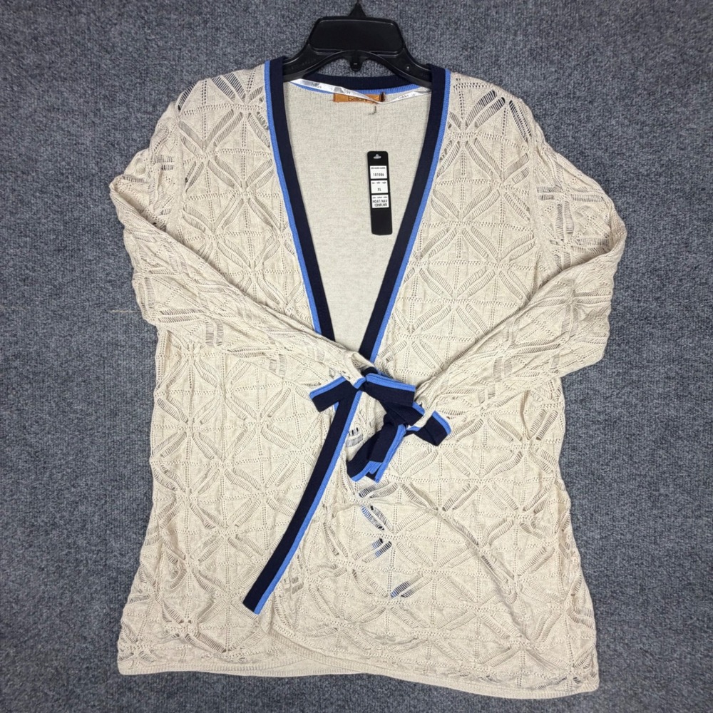 Barbour‎ Womens Oatmeal Crochet Tie Front Cardigan Sweater Blue Trim XL 181086